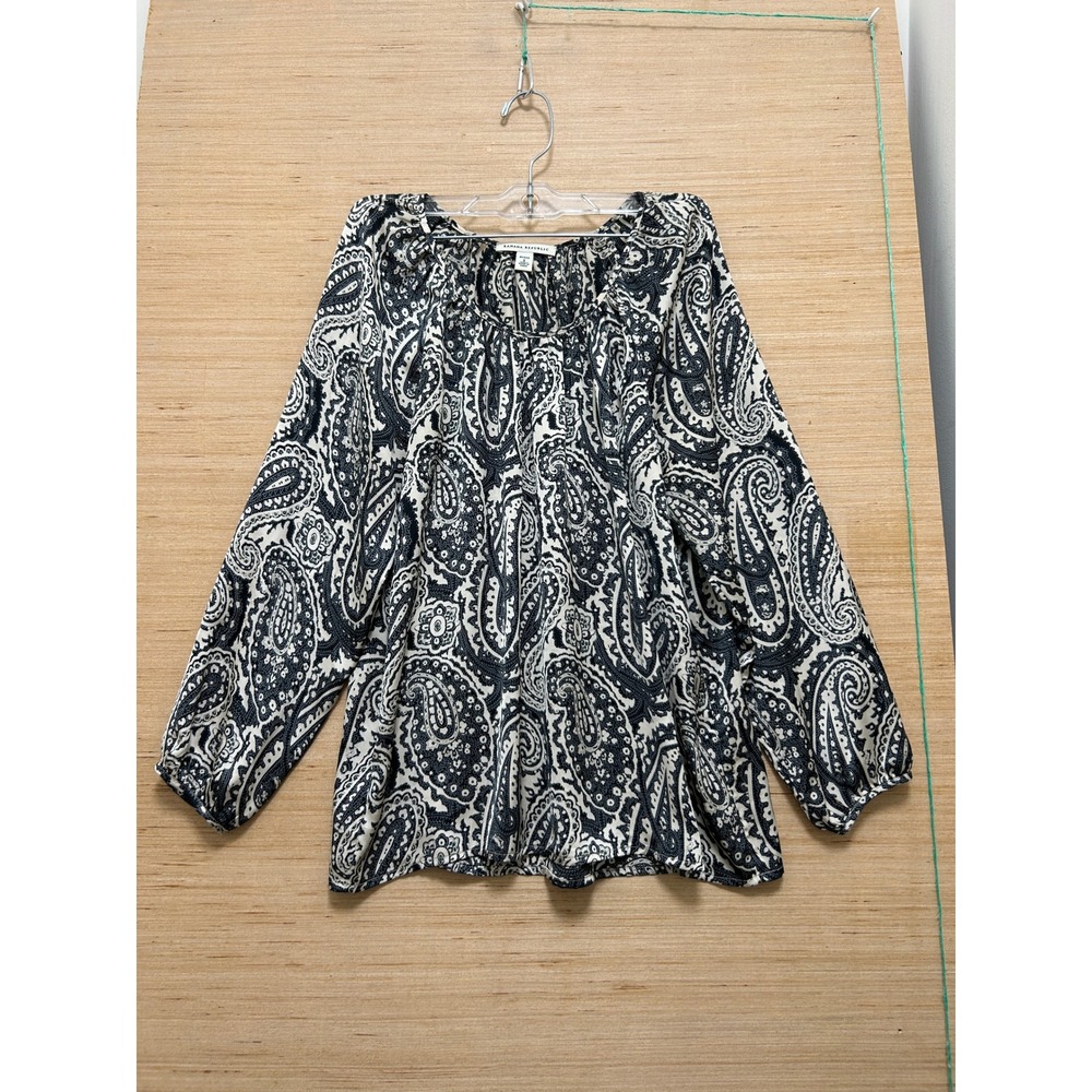 Banana Republic Petite Small‎ Navy Blue Cream Paisley Long Sleeve Blouse Top